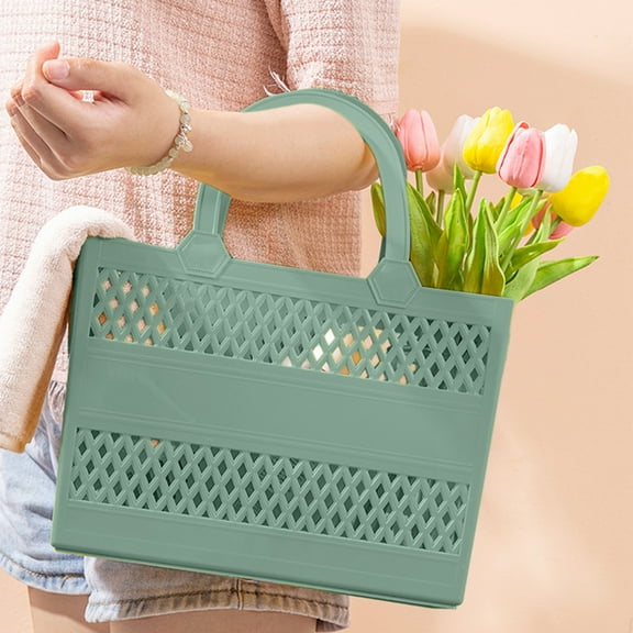 Bathroom Shower Storage Basket Plastic Organizer with Handles | Draining Holes | Multipurpose Tote for Bath Shampoo Towels Accessories | Green Yellow White | 9.8x6.6x7.4in | 1 Piece | Durable Thick