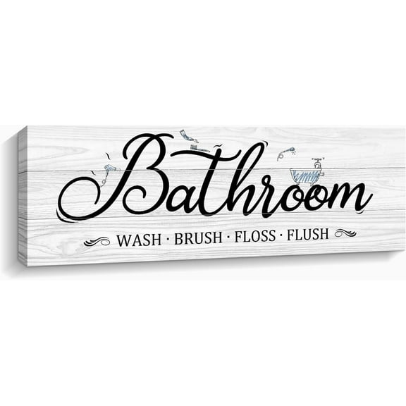 Bathroom Sign Rustic Canvas Wall Art Funny Motto Prints Farmhouse Bathroom Decor Pictures with Solid Wood Frame for Home Toilet Hotel Bar (White - bathroom, 5.5 x 16.5 inch)