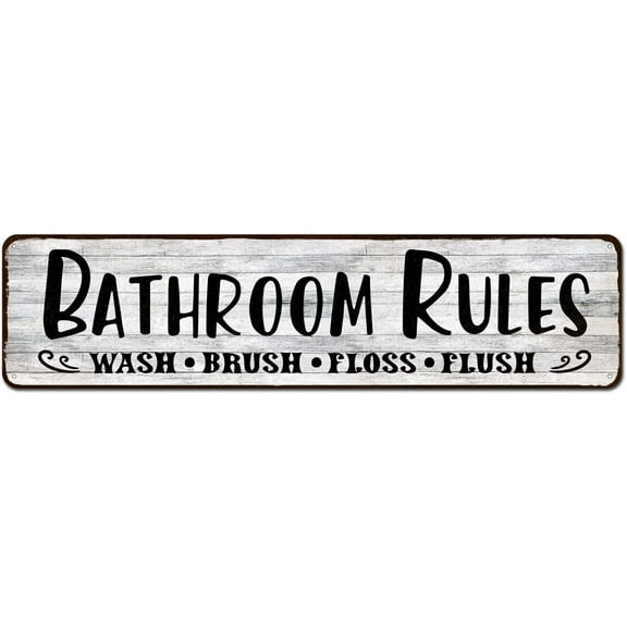 Bathroom Sign Wall Decor, Bathroom Rules Wash Brush Floss Flush Sign for Bathroom Door, Bathroom Sign Farmhouse Rustic Decor Bathroom Restroom Laundry Room Wall Art Signs 4"x16"