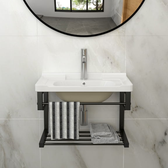 Bathroom Sink, 23.75" x 15.75" Wall-Mounted Rectangular White Ceramic Basin with Black 304 Stainless Steel Towel Bar and Overflow, Space-Saving Floating Design for Home and Office
