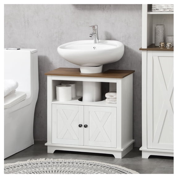 Bathroom Sink Cabinet, Farmhouse Pedestal Sink Organizer with Double Doors & Shelves, White Under Sink Storage