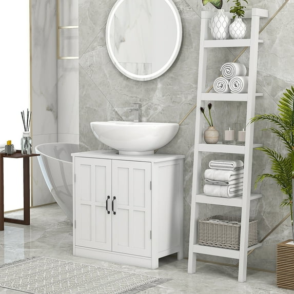 kleankin Pedestal Under-Sink Cabinet, Bathroom Storage Unit with Double Doors and Adjustable Shelf, White