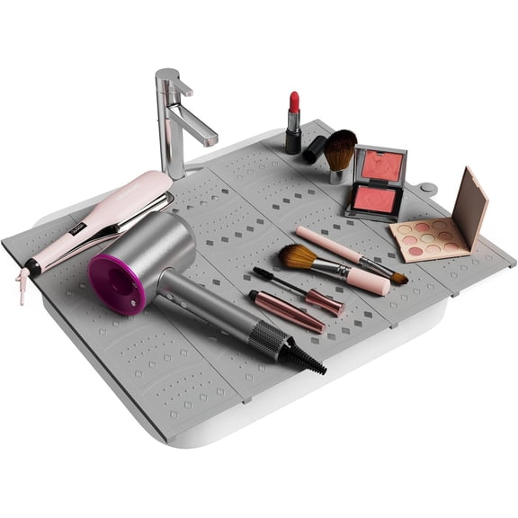 Bathroom Sink Cover for Counter Space, Foldable Silicone Makeup Mat for Hair Styling and Hot Tools, Steel Frame Core Sink Organizer for RV Camper and Small Vanity, DIY Cut to Fit, Grey