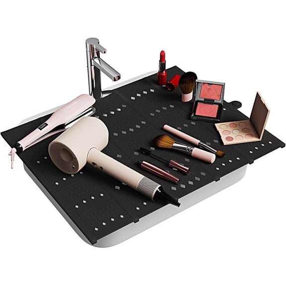 Bathroom Sink Cover for Counter Space, Sink Mat Foldable Sink Cover, Makeup Organizer Mat Space Saver, Small Bathroom & Rv Camper Travel Haves Accessories, Black