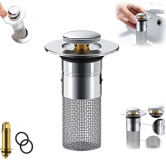 Bathroom Sink Drain Hair Catcher, Pop-Up Sink Stopper with Stainless Steel Basket