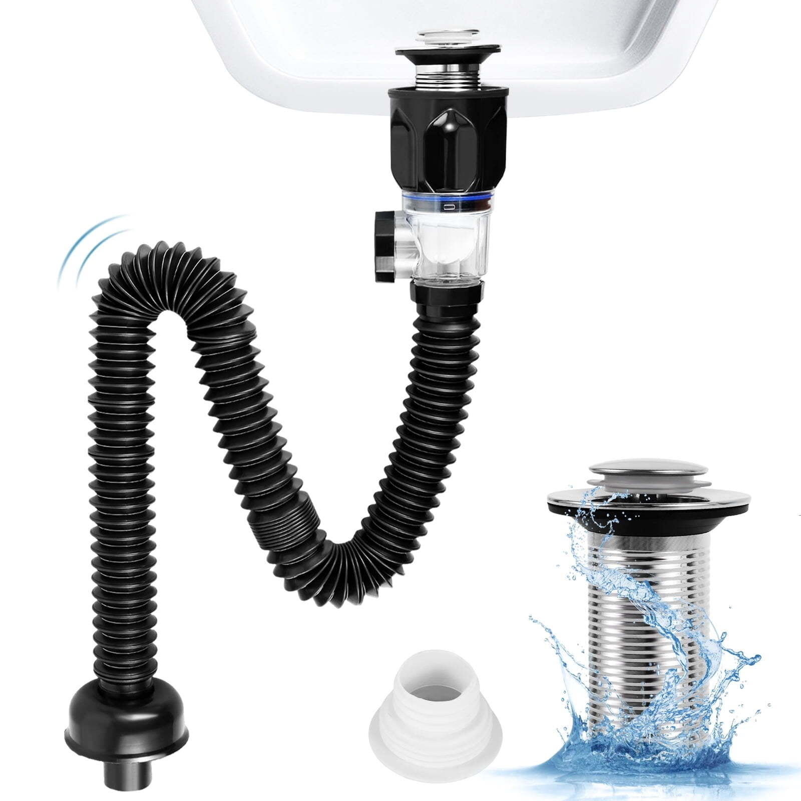 Bathroom Sink Drain Kit, Bathroom Sink Drains with Flexible & Expandable P-Trap, Suitable for 1-1/4'' or 1-1/2'' PVC Drain Pipe KTH