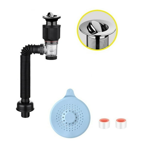 Bathroom Sink Drain Kit, with Flexible Expandable P-Trap Sink Drain Pipe, Fits 1-1/4",1-1/2" and 2'' Drain Hole, Built-in Anti-Clogging Stopper, Anti-Odor Bathroom Sink Drain