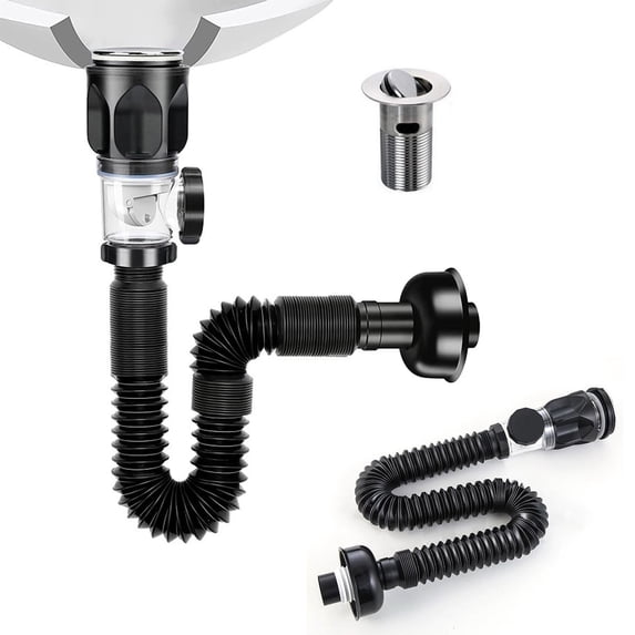 Bathroom Sink Drain Kit with Flexible Expandable P-Trap Sink Drain Pipe Tube Anti-Odor B Ma2540 for 1 1/4'' & 1 1/2'' Drain Hole Bathroom, Kitchen(Black)