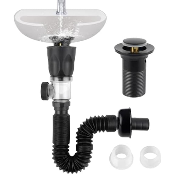 Bathroom Sink Drain Kit, Flexible P-Trap Drain Pipe with Pop Up Stopper, Expandable Bathroom Sink Pipe Replacement with 2 Adapters, Fits 1-1/4'', 1-1/2'', 2" Holes, Hair Catcher, Black