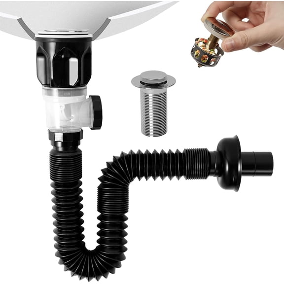 Bathroom Sink Drain Kit, Flexible Pipe with Pop Up Stopper