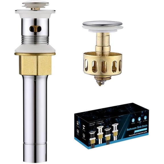 Bathroom Sink Drain with Overflow, Polished Chrome Sink Drain for Bathroom Sink, Universal Stainless Steel Chrome Sink Drain, Pop Up Drain Stopper with Detachable Basket