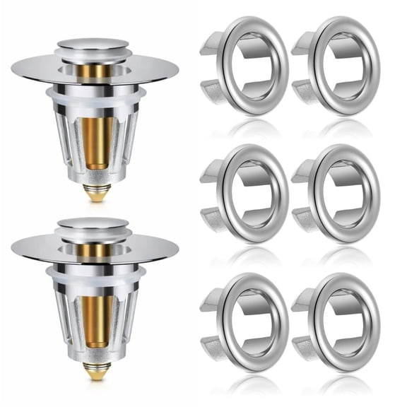 Bathroom Sink Drain Stopper and Overflow Ring Set, 2 Pack Pop Up Sink Stoppers with Hair Catcher, 6 Pack Chrome Overflow Trim Rings, Fits 1.1-1.5 Inch Drain Holes