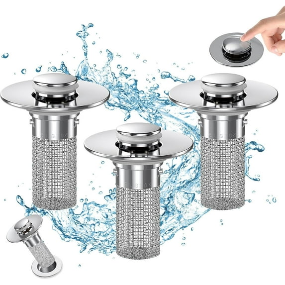 Bathroom Sink Drain Stopper - Pop Up Drain Plug with 3 Replacement Filters Basket, Removable Stainless Steel Floor Drain Filter, Anti Clogging Sink Strainer Hair Catcher for Washroom (Silver)