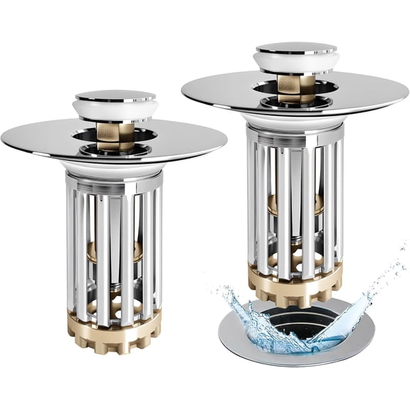 Bathroom Sink Drain Strainer, 2PCS 3 in 1 Pop Up Bathroom Sink Stopper with Removable Brass Basket Hair Catcher, Universal Sink Plug for 1.06 to 1.6in Drain Hole, Chrome Silver