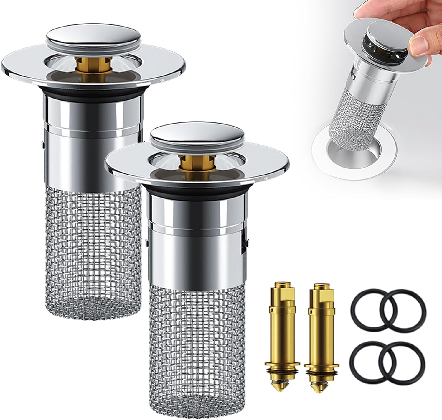 Noblegant Bathroom Sink Drain Strainer - Stainless Steel Pop-Up Filter With Hair Catcher, 2-Pack (Silvery) - View #3