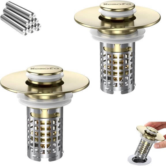 Bathroom Sink Drain Strainer, Stainless Steel Pop-up Strainer Basket Hair Catcher with Removable Basket, Brass Bullet Core, Universal Fit 1.1-2.36 Inch Brushed Gold(2PCS)