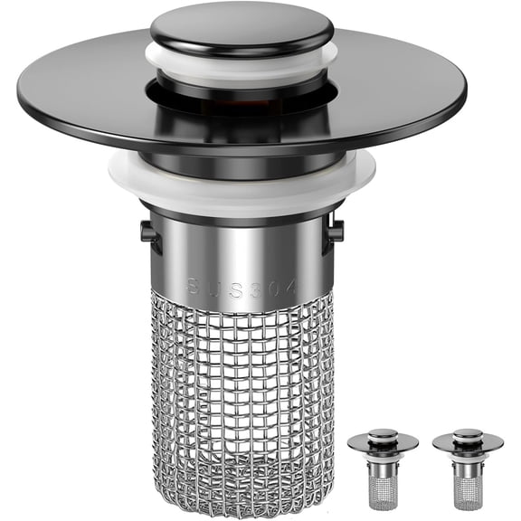 Bathroom Sink Drain Strainer, Universal Pop Up Drain Stopper with Removable Stainless Steel Filter Basket Hair Catcher, Brass Bullet Core, Sink Plug for 1.1''~1.45'' Basin (Matte Black)(2PCS)