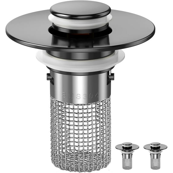 Bathroom Sink Drain Strainer, Universal Pop Up Drain Stopper with Removable Stainless Steel Filter Basket Hair Catcher, Brass Bullet Core, Sink Plug for 1.1''~1.45'' Basin (Matte Black)(2PCS)