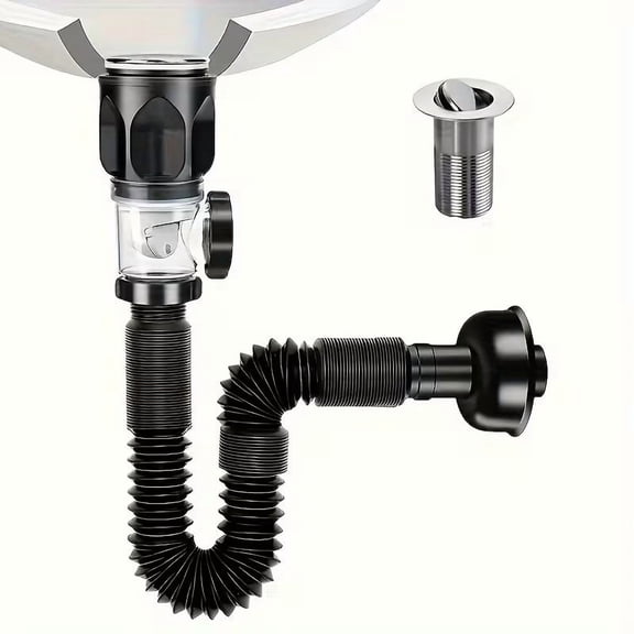 Bathroom Sink Drainage Kit with Expandable P-Trap Anti-Odor Drain Pipe System, Stainless Steel & ABS, Modern Black Sink Accessory