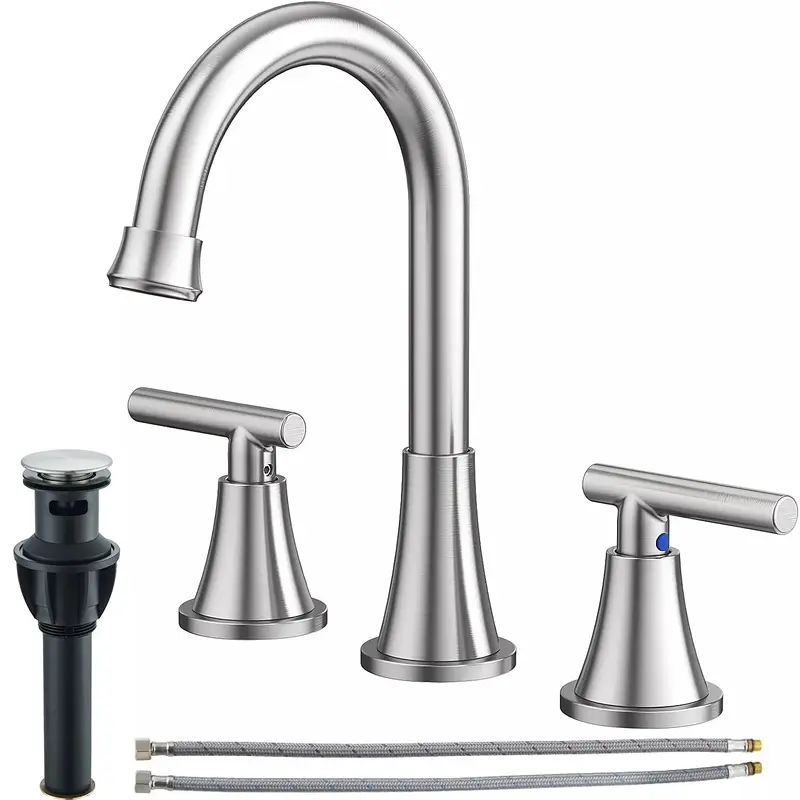 Bathroom Sink Faucet 3 Hole Brushed Nickel Widespread Basin Vanity Mixer w Drain
