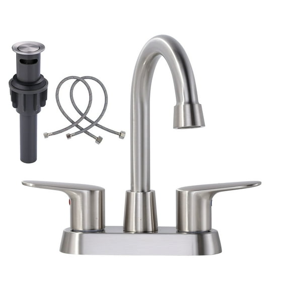 Wowow 4 Inch Centerset Bathroom Faucet 3 Hole with Pop Up Drain and Supply 2 Hoses, Brushed Nickel