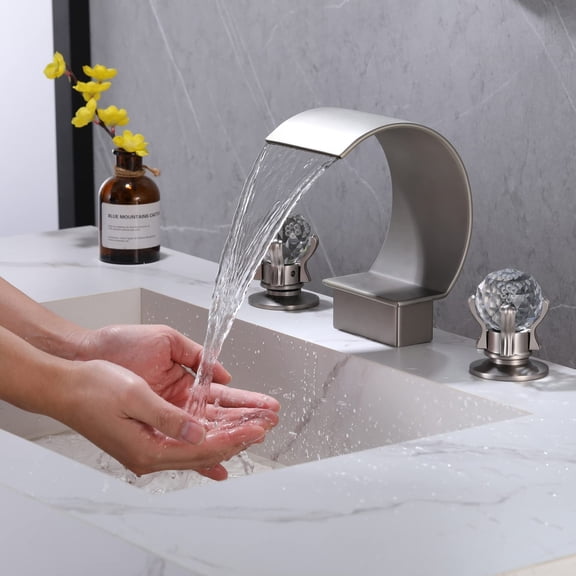 Bathroom Sink Faucet 3 Hole Widespread Waterfall Bathroom Faucets with Crystals Handles Basin Mixer Tap 8-Inch High Arc Vanity Faucet with Supply Hose Brushed Nickel