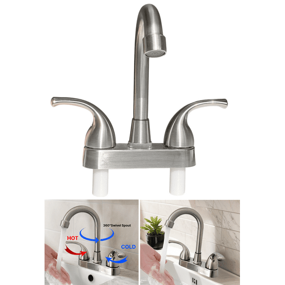 Bathroom Sink Faucet 4 Inch 2 Handle Centerset Fit for 2 or 3 Holes, 360 Swivel Spout RV Camper Bathroom Vanity Sink Faucets, Brushed Nickel