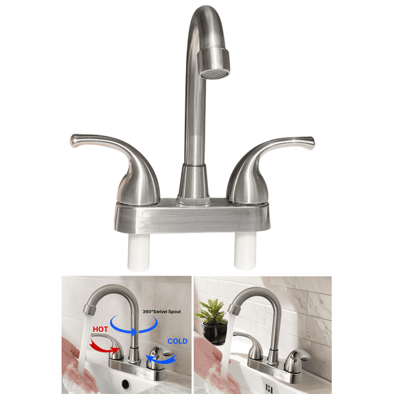 Bathroom Sink Faucet 4 Inch 2 Handle Centerset Fit for 2 or 3 Holes, 360 Swivel Spout RV Camper Bathroom Vanity Sink Faucets Plastic, Brushed Nickel