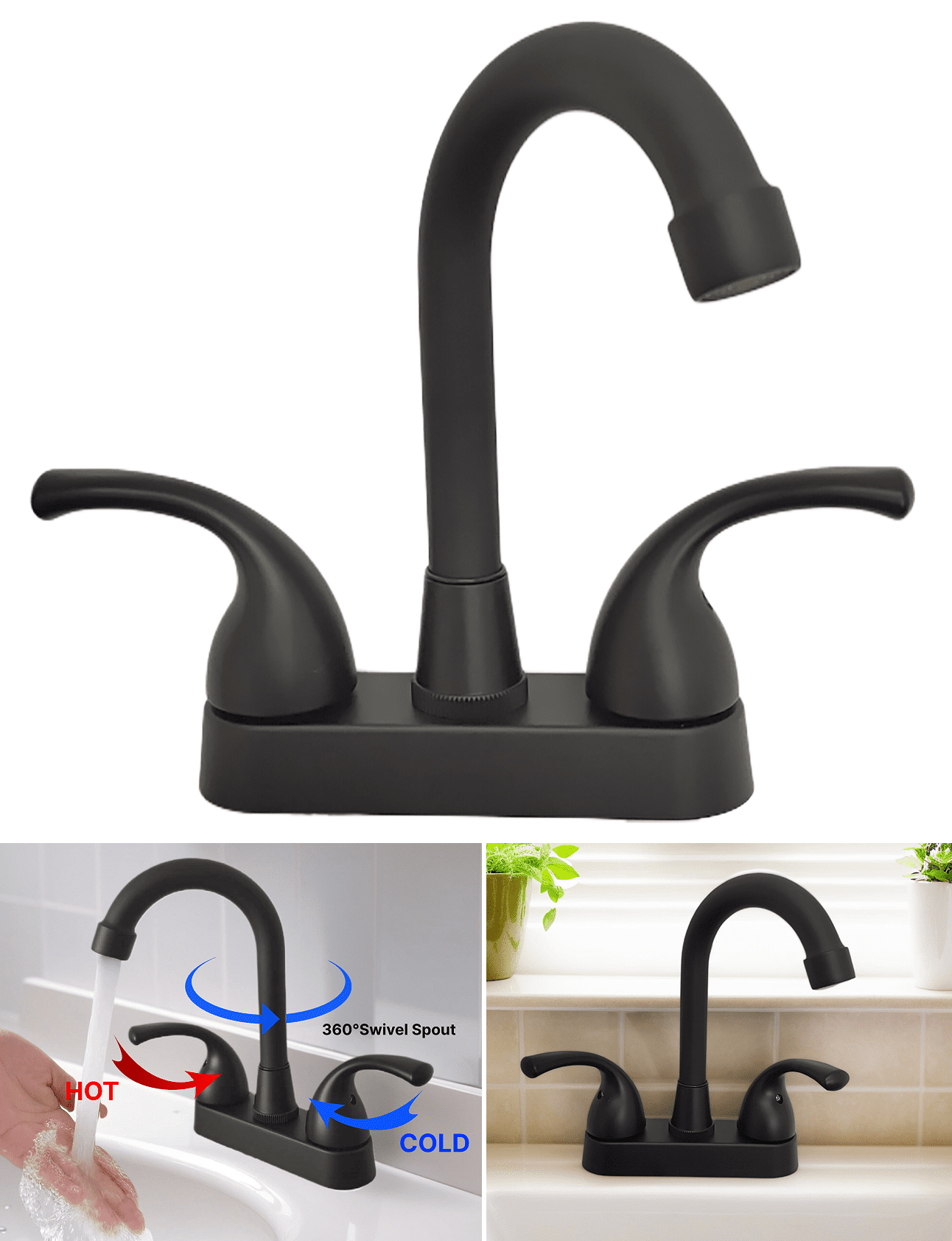 Bathroom Sink Faucet 4 Inch 2 Handle Centerset Fit for 2 or 3 Holes, 360 Swivel Spout RV Camper ...