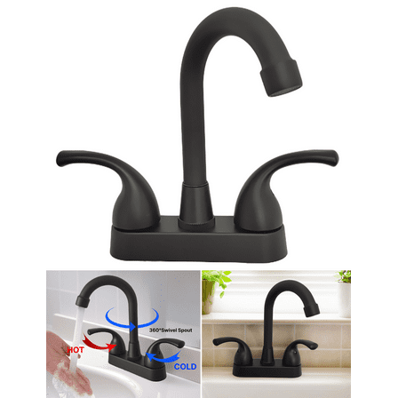 Bathroom Sink Faucet 4 Inch 2 Handle Centerset Fit for 2 or 3 Holes, 360 Swivel Spout RV Camper Bathroom Vanity Sink Faucets, Matte Black