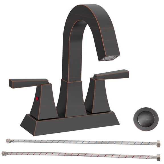 Bathroom Sink Faucet, 4 Inch Center-Set Metal Vanity Basin Tap, Oil Rubbed Bronze Finish, 2-Handle Lever Design with Pop-Up Drain and Supply Lines, Modern Deck Mount for Bathroom