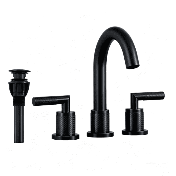 Bathroom Sink Faucet, 8 Inch Widespread 3 Hole Deck Mount Metal Basin Tap, 360 Degree Swivel Spout with Dual Lever Handles and Pop Up Drain, Matte Black Finish for Residential Bathrooms