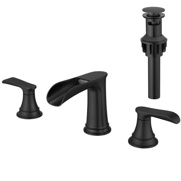 Bathroom Sink Faucet, 8 Inch Widespread 3 Hole Deck-Mounted Basin Mixer Tap, Solid Brass Matte Black Finish with Pop Up Drain and Double Lever Handles for Bathroom Vanity Sink