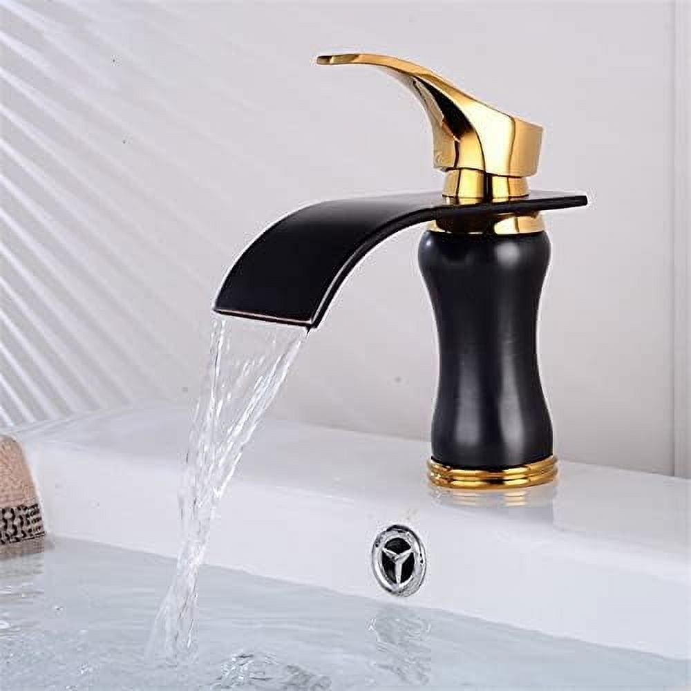 Bathroom Sink Faucet, Basin Faucet Single Handle Black & Gold Brass Waterfall Basin Mixer Tap Hot & Cold Bathroom Faucets Sink Waterfall Faucet Drain