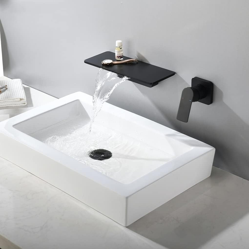 Bathroom Sink Faucet, Bathroom Bathtub Basin Faucet Bath Mixer Shower Set Waterfall Brass Matte Black Wall Mounted Hot and Cold Water Faucet