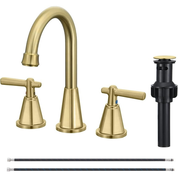 Gold | Bath Sink Tap | Brushed 8 Inch Widespread Bath Tap for Sink 3 Hole | 2 Handle Tap w/ Pop Up Drain & 2 Supply Hoses for RV Vanity