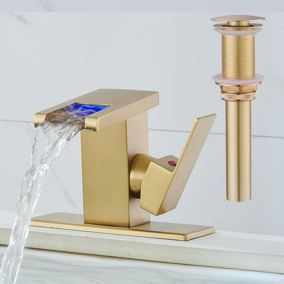 Bathroom Sink Faucet, Brushed Gold Waterfall Single Hole Handle Vanity Faucets for Sinks 1 Hole with Metal Pop Up Drain and 2 Water Supply Lines, Side Handle