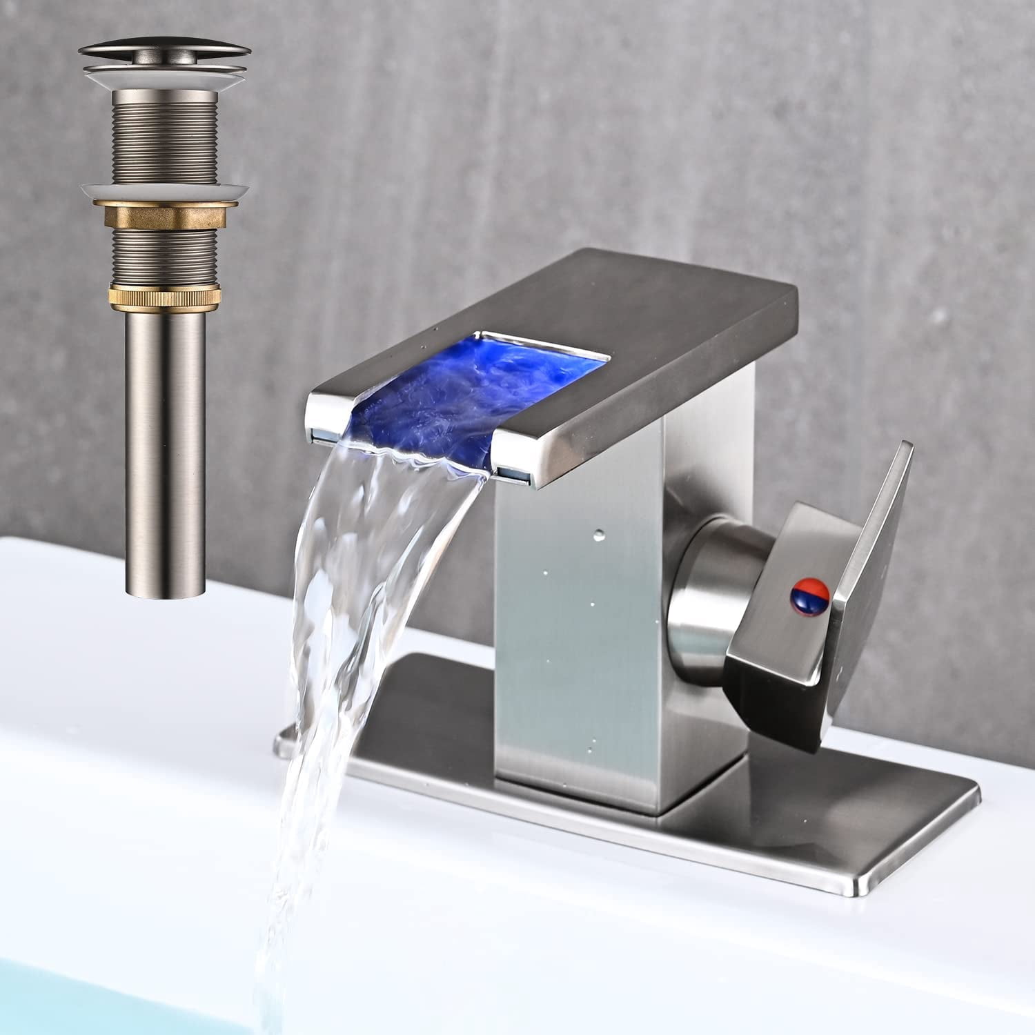 LED Bathroom Sink Faucet, Brushed Nickel Waterfall Single Hole Handle Vanity Faucets for Sinks 1 Hole with Metal Pop Up Drain and 2 Water Supply Lines, Side Handle