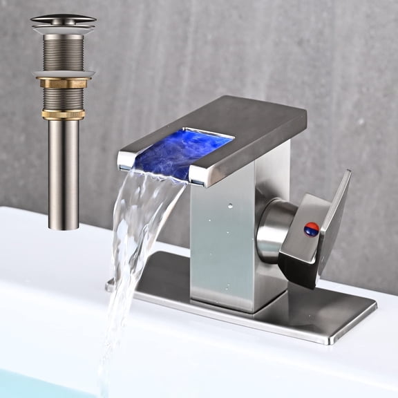 LED Bathroom Sink Faucet, Brushed Nickel Waterfall Single Hole Handle Vanity Faucets for Sinks 1 Hole with Metal Pop Up Drain and 2 Water Supply Lines, Side Handle
