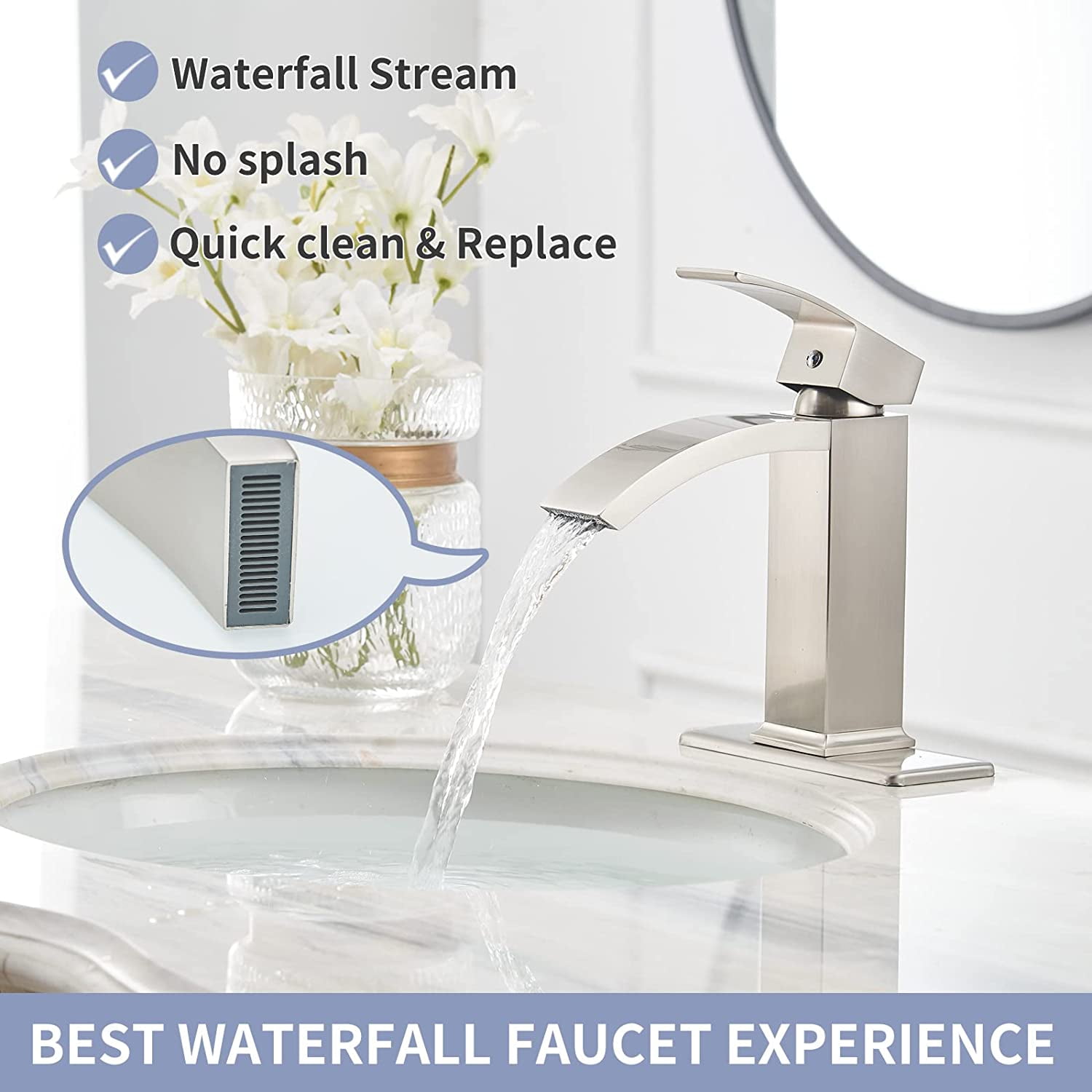 Bathroom Sink Faucet Brushed Nickel Waterfall Spout 1 Hole Single Handle Modern Commercial ...