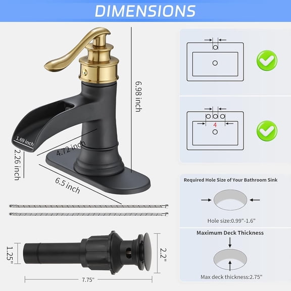 Bathroom Sink Faucet Gold with Matte Black Waterfall Farmhouse Vanity Lavatory Single Hole Faucets One Handle Bath Antique Mixer with Water Supply Line