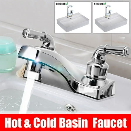 Bathroom Sink Faucet Hot and Cold Mixer Tap, 4inch Centerset 2 Handle Suit for 2 & 3 Mounting Holes, Double Handles Basin Sink Faucet, Plastic, Chrome