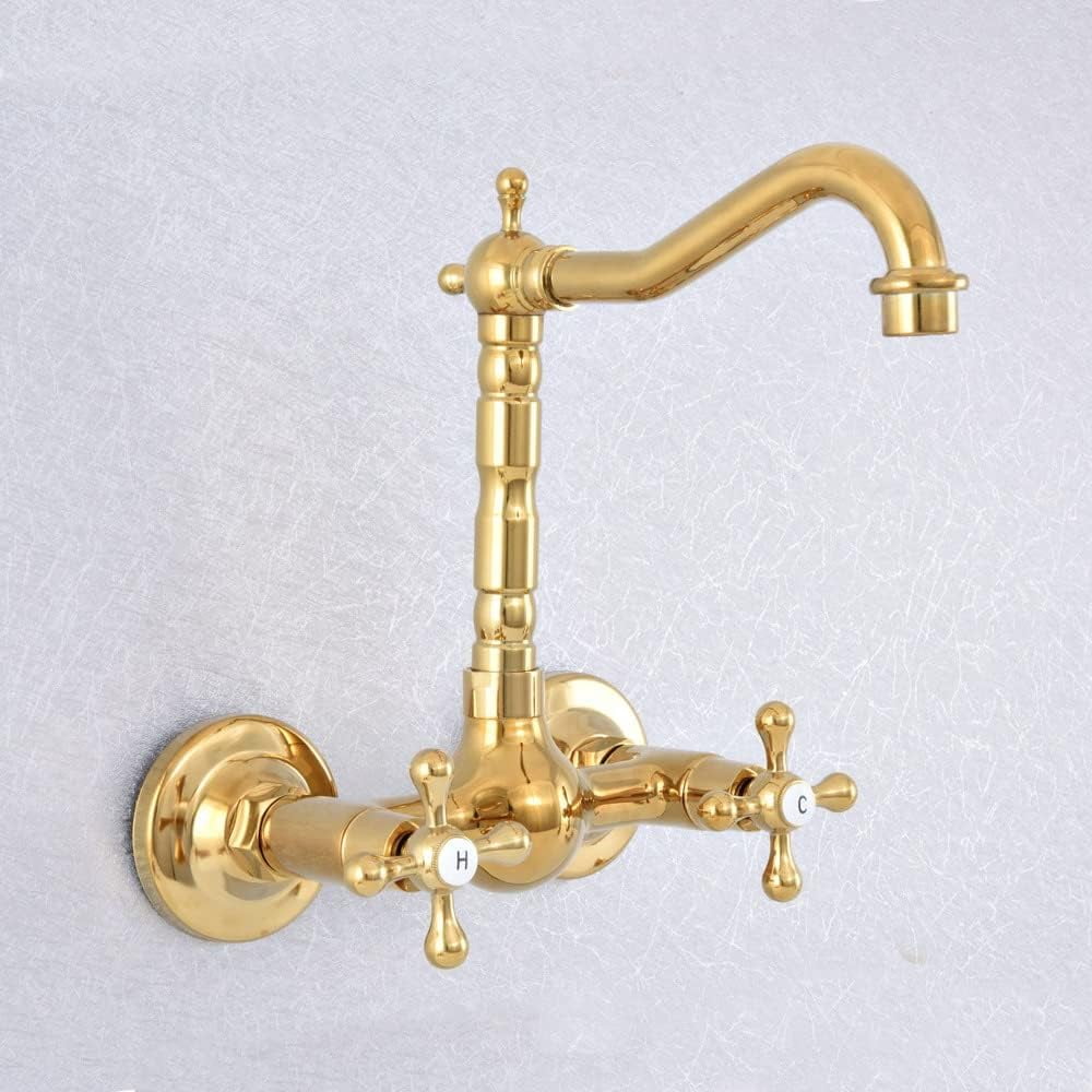 Bathroom Sink Faucet, Kitchen Faucets Gold Polished Brass Wall Mounted Kitchen Bathroom Sink Faucet Dual Handle Swivel Spout Hot Cold Water Tap