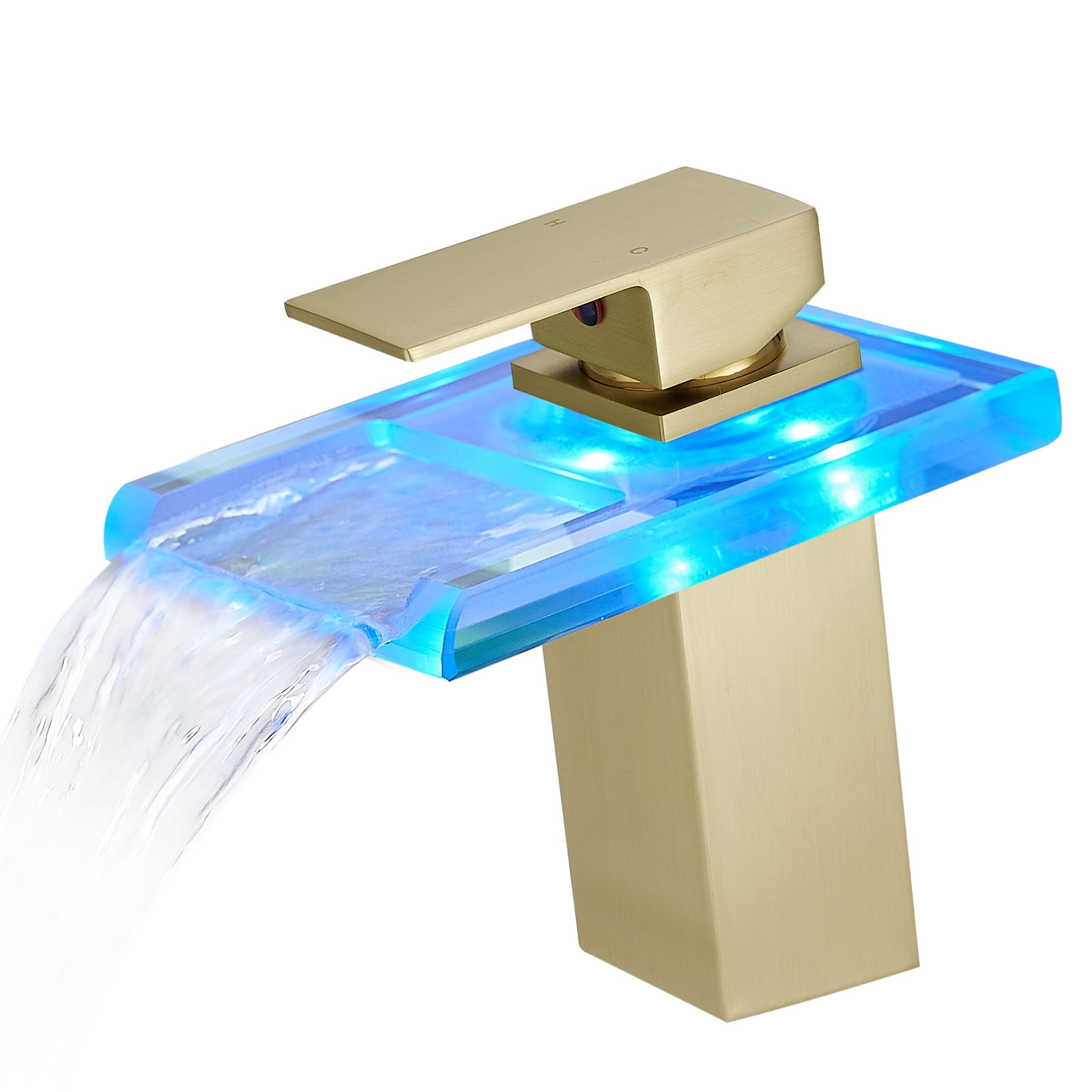 Bathroom Sink Faucet Led Light 3 Colors Changing Waterfall Glass Spout Hot Cold Water Mixer Single Handle One Hole Deck Mounted Bathroom Faucet Black Lavatory Vanity Basin Bath Plumbing