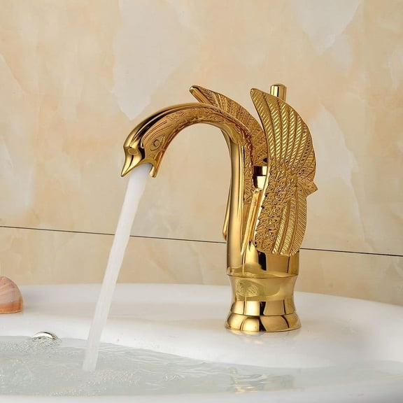 Bathroom Sink Faucet, Luxury Gold Brass Bathroom Basin Faucet Swan Style Vanity Sink Mixer Tap Deck Mounted Hot and Cold Mixer Taps
