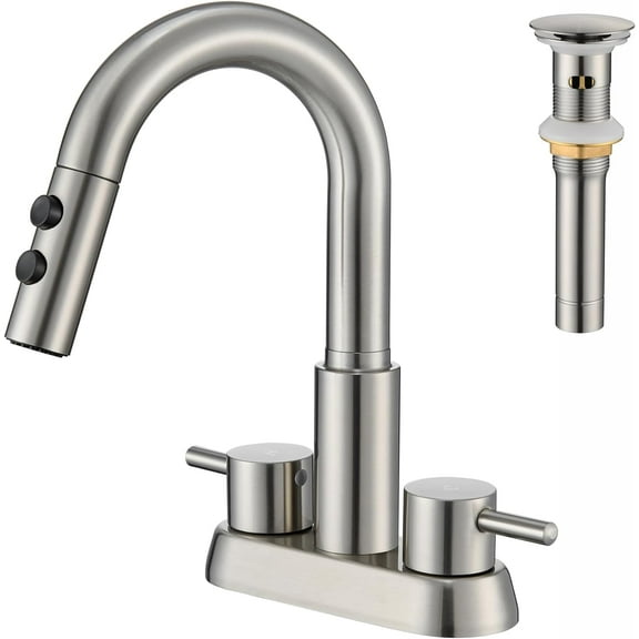 Bathroom Sink Faucet with Pull Down Sprayer 3 Holes, Brushed Nickel 4 inch 2 Handles Centerset Laundry Bar Basin Pull Out Faucet with Pop-Up Drain, KBL-MP-6002BN-CL
