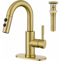 Bathroom Sink Faucet with Pull Down Sprayer, Brushed Gold Single Handle Pull Out Faucet with Pop-Up Drain, 1 or 3 Hole Laundry Bar Basin Faucet with Deck Plate, KBL-7002BG-CL