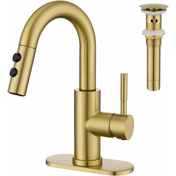 Bathroom Sink Faucet with Pull Down Sprayer, Brushed Gold Single Handle Pull Out Faucet with Pop-Up Drain, 1 or 3 Hole Laundry Bar Basin Faucet with Deck Plate, KBL-7002BG-CL