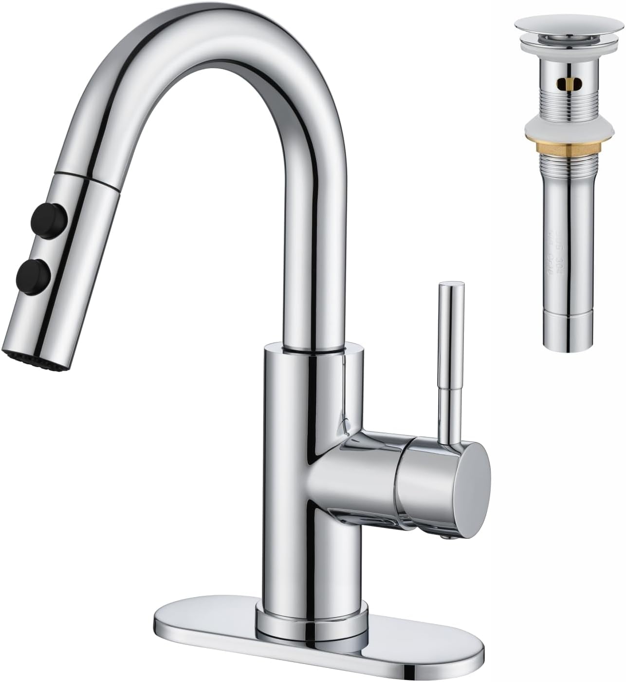 Bathroom Sink Faucet with Pull Down Sprayer, Chrome Single Handle Pull Out Faucet with Pop-Up Drain, 1 or 3 Hole Laundry Bar Basin Faucet with Deck Plate
