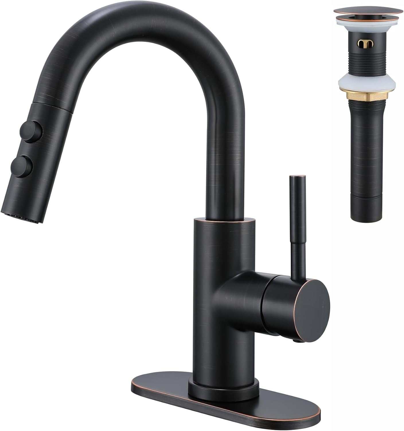 Bathroom Sink Faucet with Pull Down Sprayer, Oil Rubbed Bronze Single Handle Pull Out Faucet with Pop-Up Drain, 1 or 3 Hole Laundry Bar Basin Faucet with Deck Plate